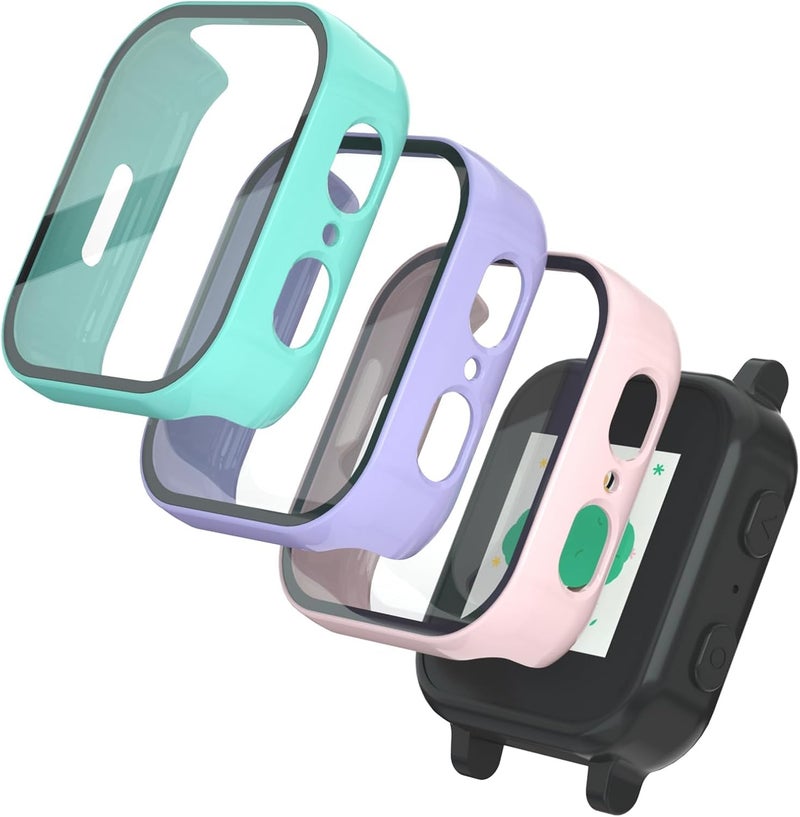 SimpleThings Compatible with Gabb Watch 3e/ 3 Screen Protector, 3Pack HD Clear Tempered Glass Screen Protector & Hard PC Protective Bumper for Boys Girls, Not Compatible with Gizmo (Teal+Purple+SandPink) - Image 1